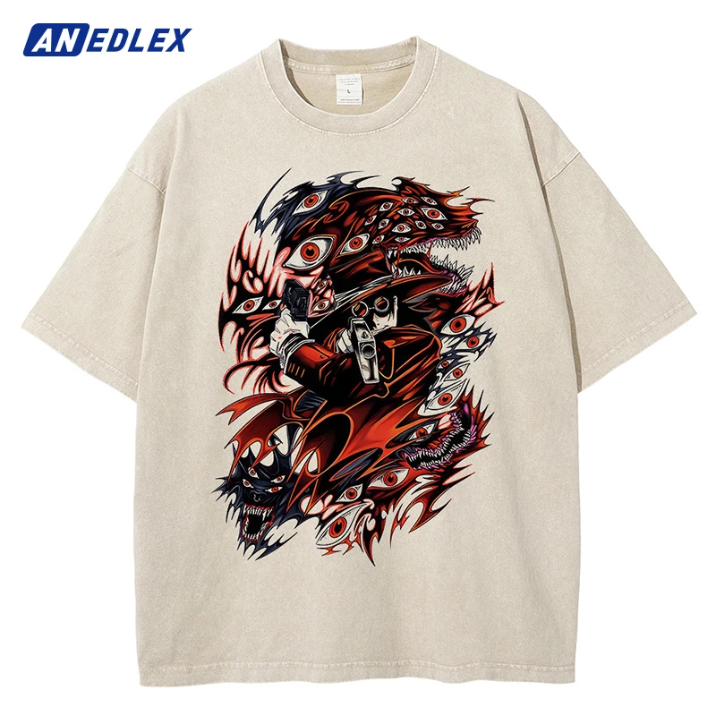 Hip Hop Streetwear Japanese Anime Graphic Washed Apricot T Shirt Harajuku Summer Cotton Casual Tshirt Short Sleeve Tops Tees