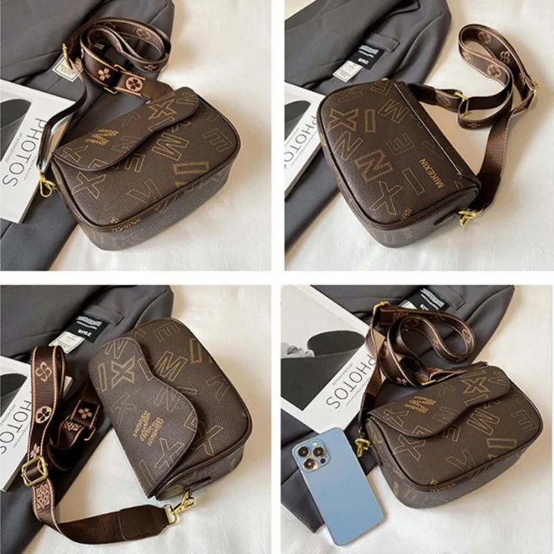 Vintage Letter Printed PU Leather Shoulder Bags For Women 2024 Female Wide Strap Crossobody Bag Ladies Stylish Handbag and Purse