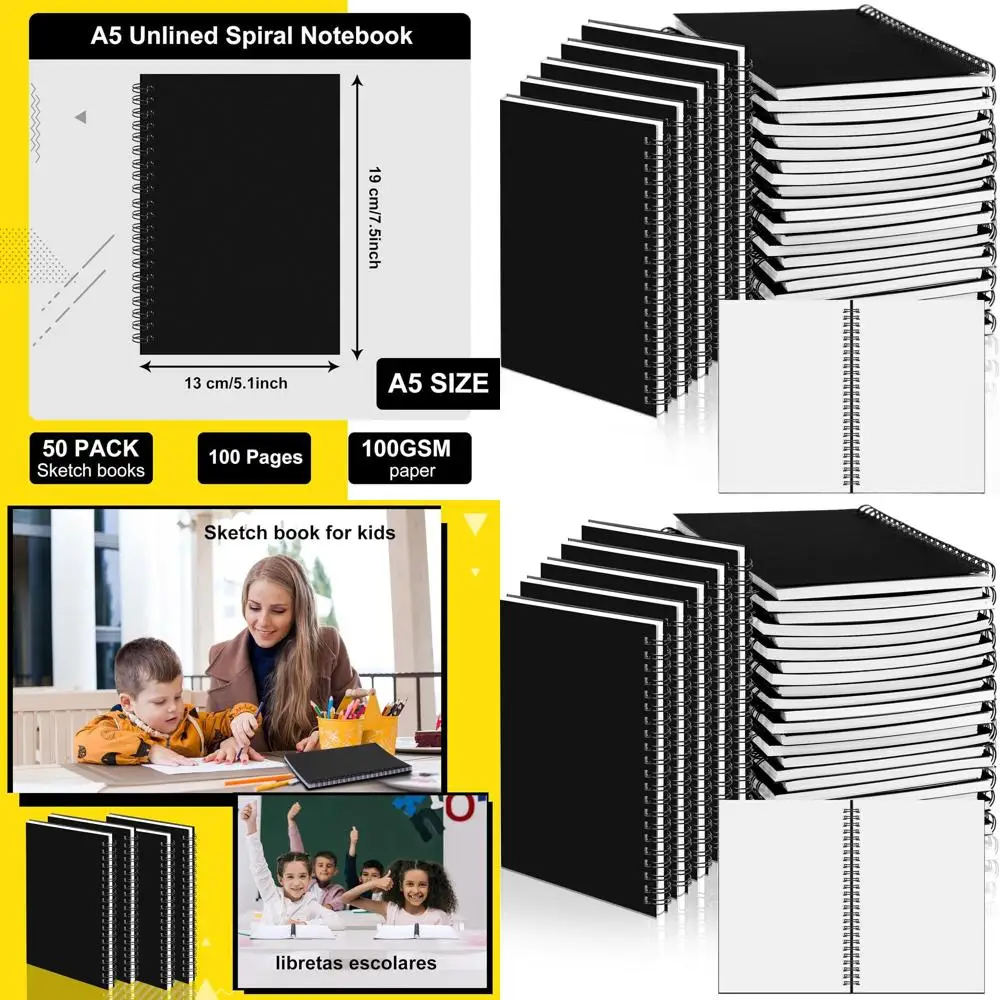 

50 Pack Black Sketchbooks: 100 Unlined Pages, 7.5x5.1 Inches, Soft Cover, Kraft Paper for Artists & Students