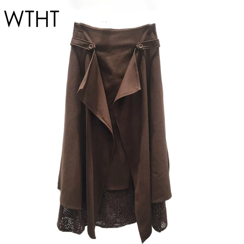 

WTHT New Fashion Women's Lace Spliced Irregular Long Skirts 2025 Winter Trendy High Waist A-line Skirt Female 1LS2738