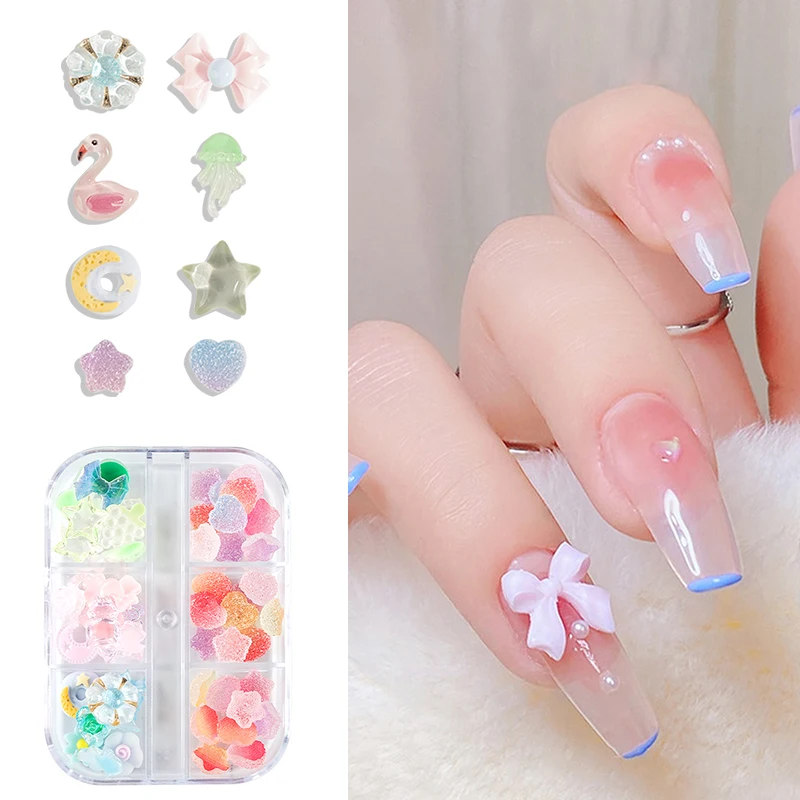 6 Grids Mixed Nail Charms 3D Mini Candy &Flower Valentine‘s Decoration Summer Resin Nails Accessories Supplies Luxury Parts