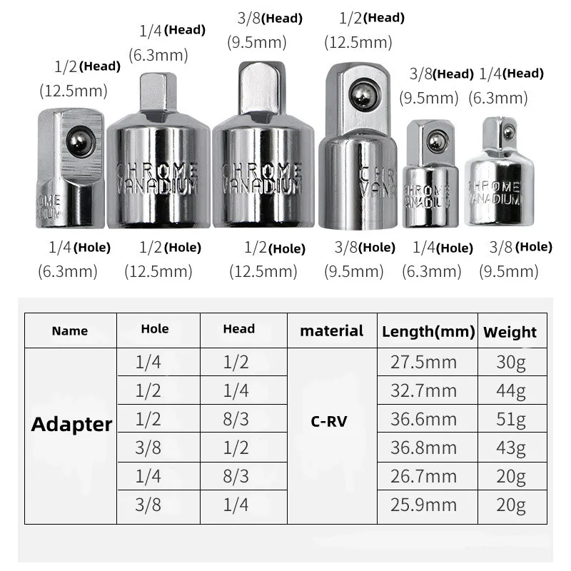 CR-V Socket Adapter Ratchet Wrench Adapter 1/2 Big Fly Turn 3/8 Medium Fly Turn 1/4 Small Fly CR-V Chrome Vanadium Steel