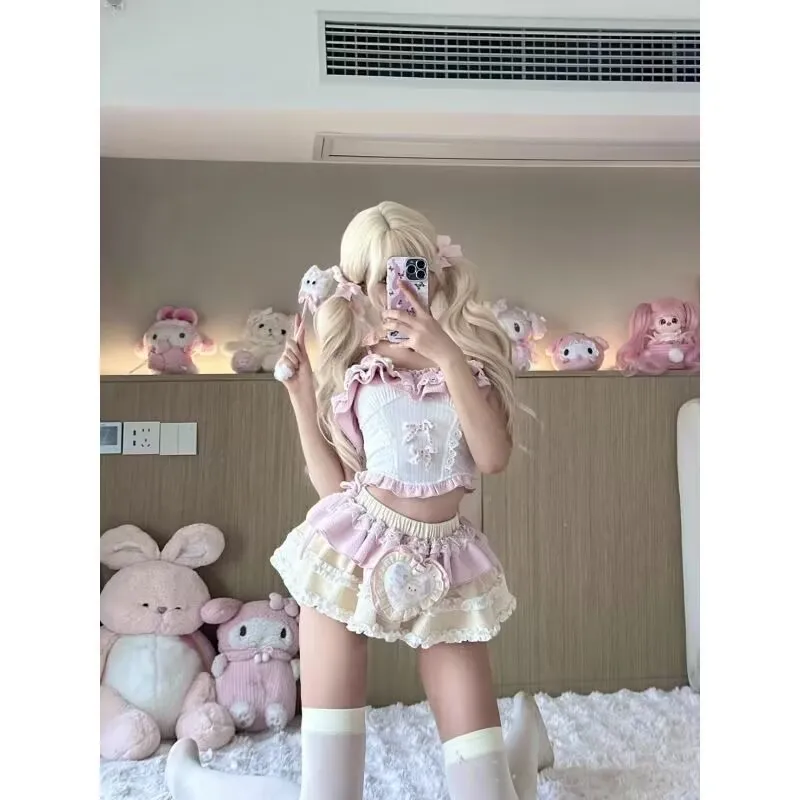 Gonna elegante Lolita giapponese estiva Set da 2 pezzi Donna Rosa Y2k Minigonna con fiocco Abito Kawaii Principessa femminile Chic Festival Outfit