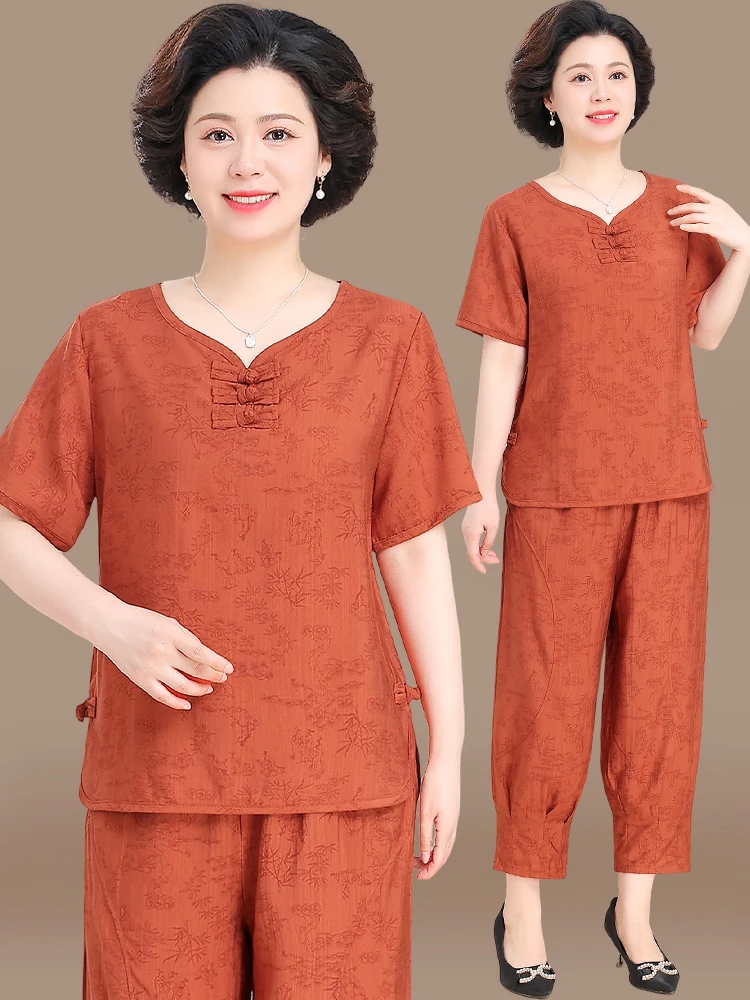 

Модный хлопково-льняной комплект: женский летний повседневный костюм из двух предметов (футболка с коротким рукавом и свободные брюки) для женщин среднего возраста