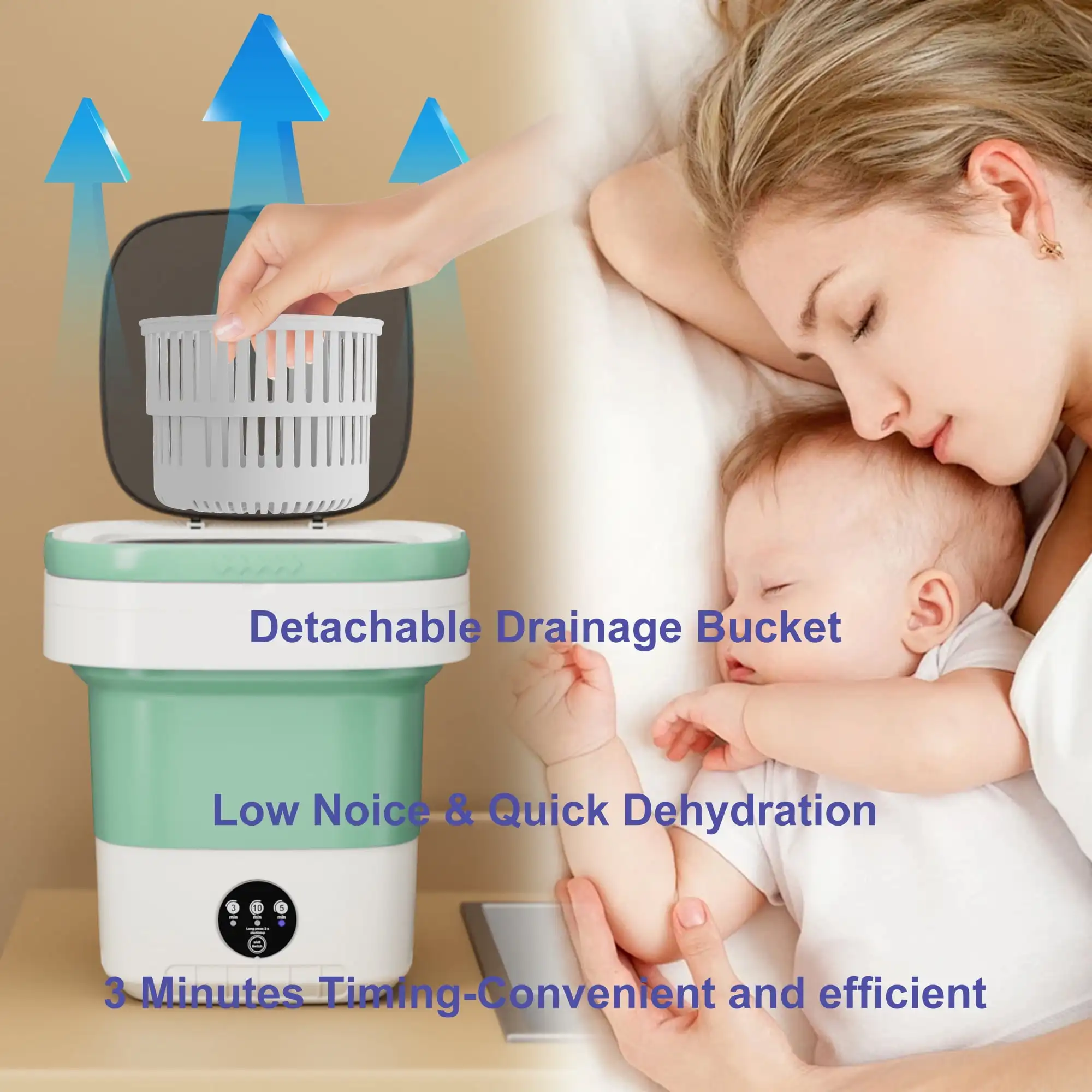 غسالة بنتانتان المحمولة سعة 12 لتر، غسالة صغيرة قابلة للطي للشقة، RV، السفر، أخضر