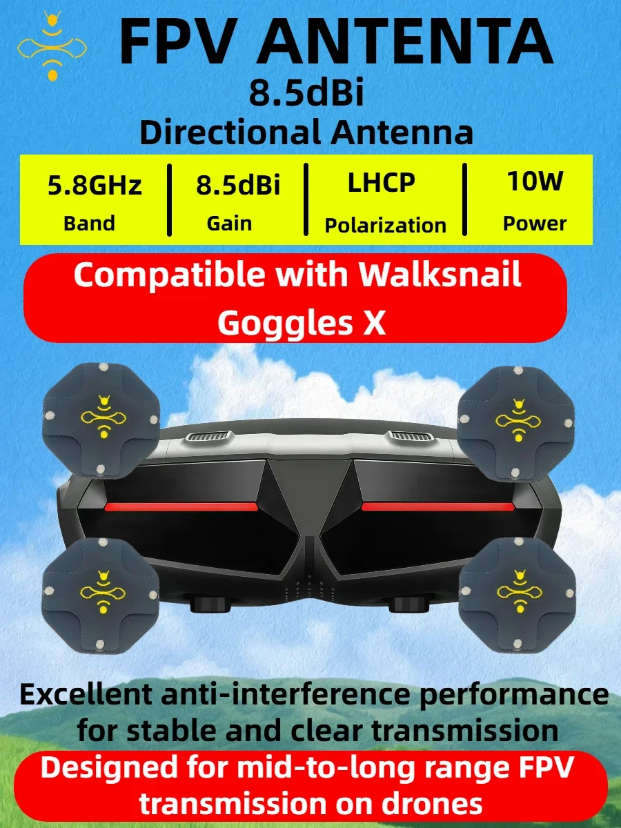 Направленная панельная антенна 8.5dBi с высоким коэффициентом усиления LHCP 5.8ГГц для FPV-дронов дальнего радиуса действия, совместима с очками Walksnail Goggles X и Avatar VRX