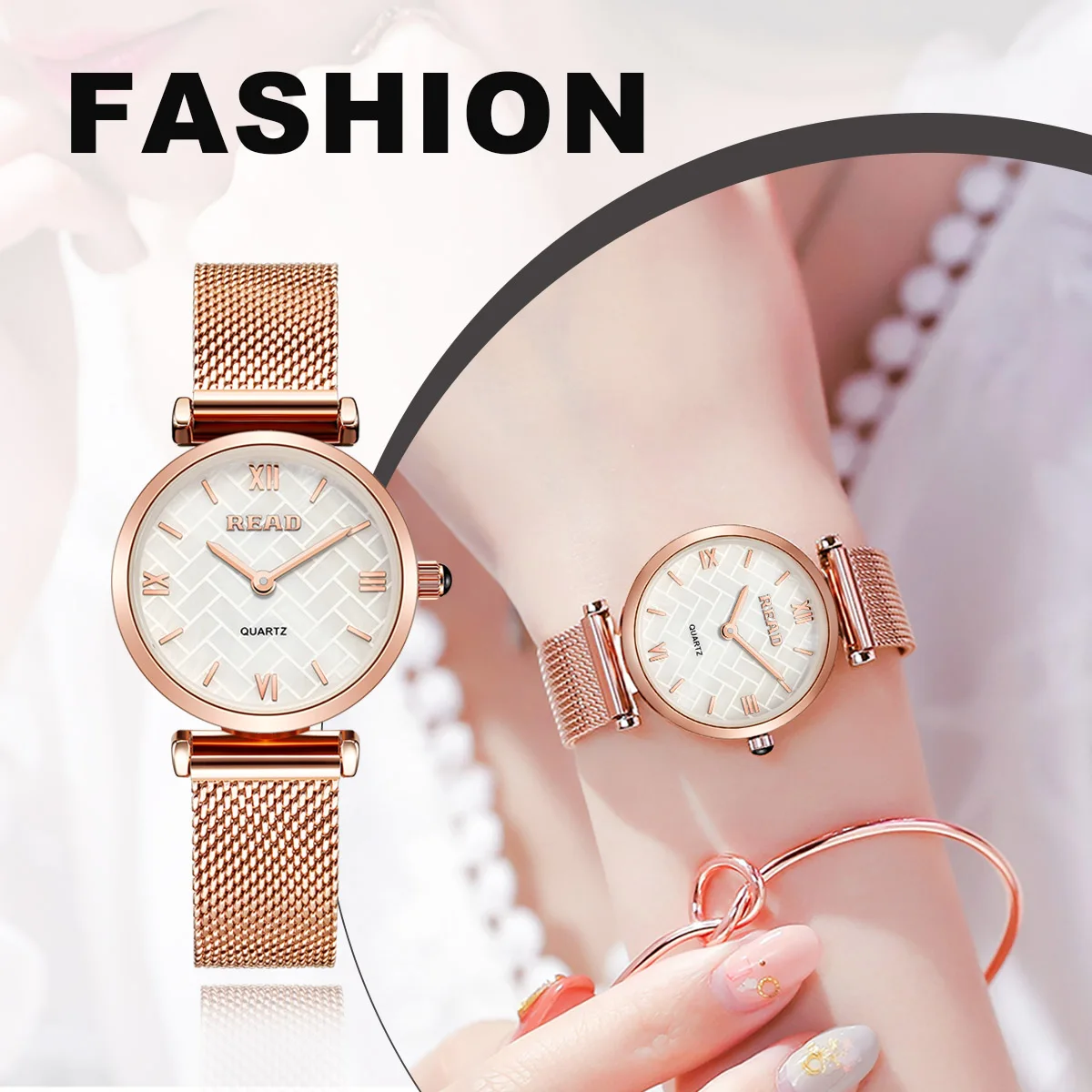 READ Ladies Minimalist Analog Wrist Watch | Stainless Steel Mesh Strap | Daily Water Resistant Quartz Women Dress Watch
