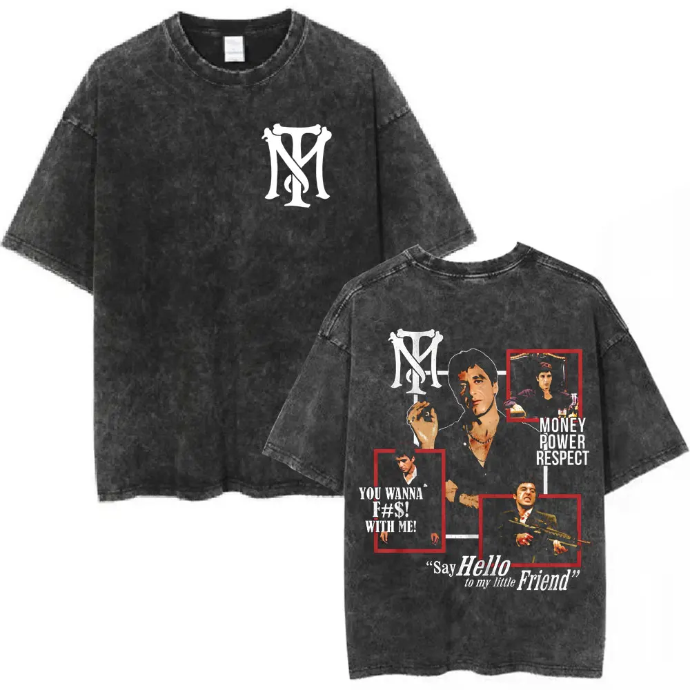 Film Scarface The World Is Yours Vintage Washed T-Shirt Tony Montana Al Pacino T-Shirts Herren Damen Kleidung Oversized T-Shirt – Detail 7
