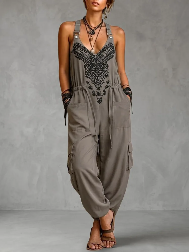 UOOZEE Women Vintage Printed Overall Jumpsuit Adjustable Strap Drawstring Waist Cargo Pockets Harem Romper Ladies Jumpsuits view 3