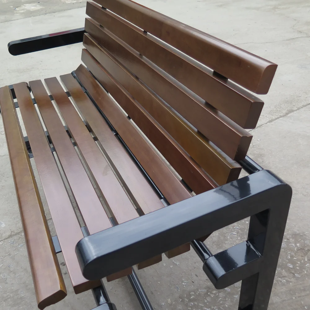 Outdoor Park Bench with Backrest Galvanized Steel Frame Wooden Slat Garden Bench