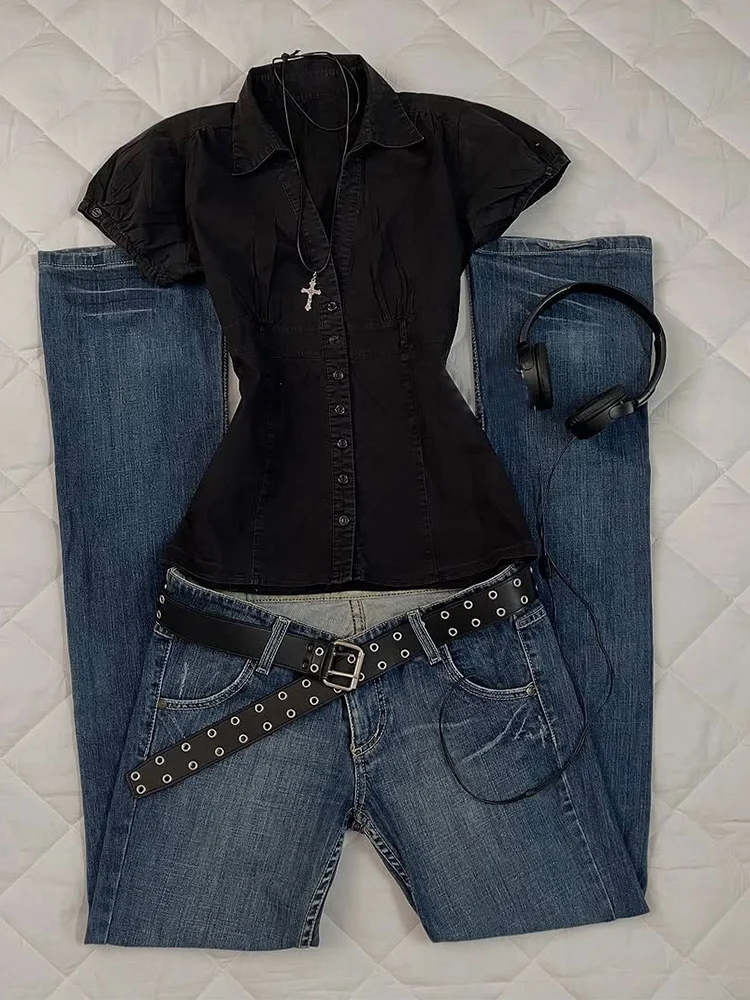 

Original Retro Bla ort Sve irt f Sp Girl Summer Slimming Top Korean Sle Commute Cotton Blend Collar