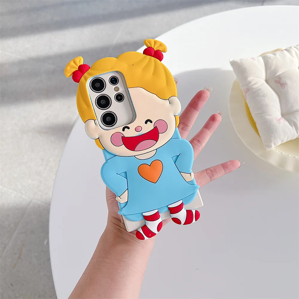 Kawaii Happy Cartoon Girl Red Bow Bun Phone Case for 17 Pro Max Doll Girly Soft Silicone Protective Cover for iPhone 16 15 14