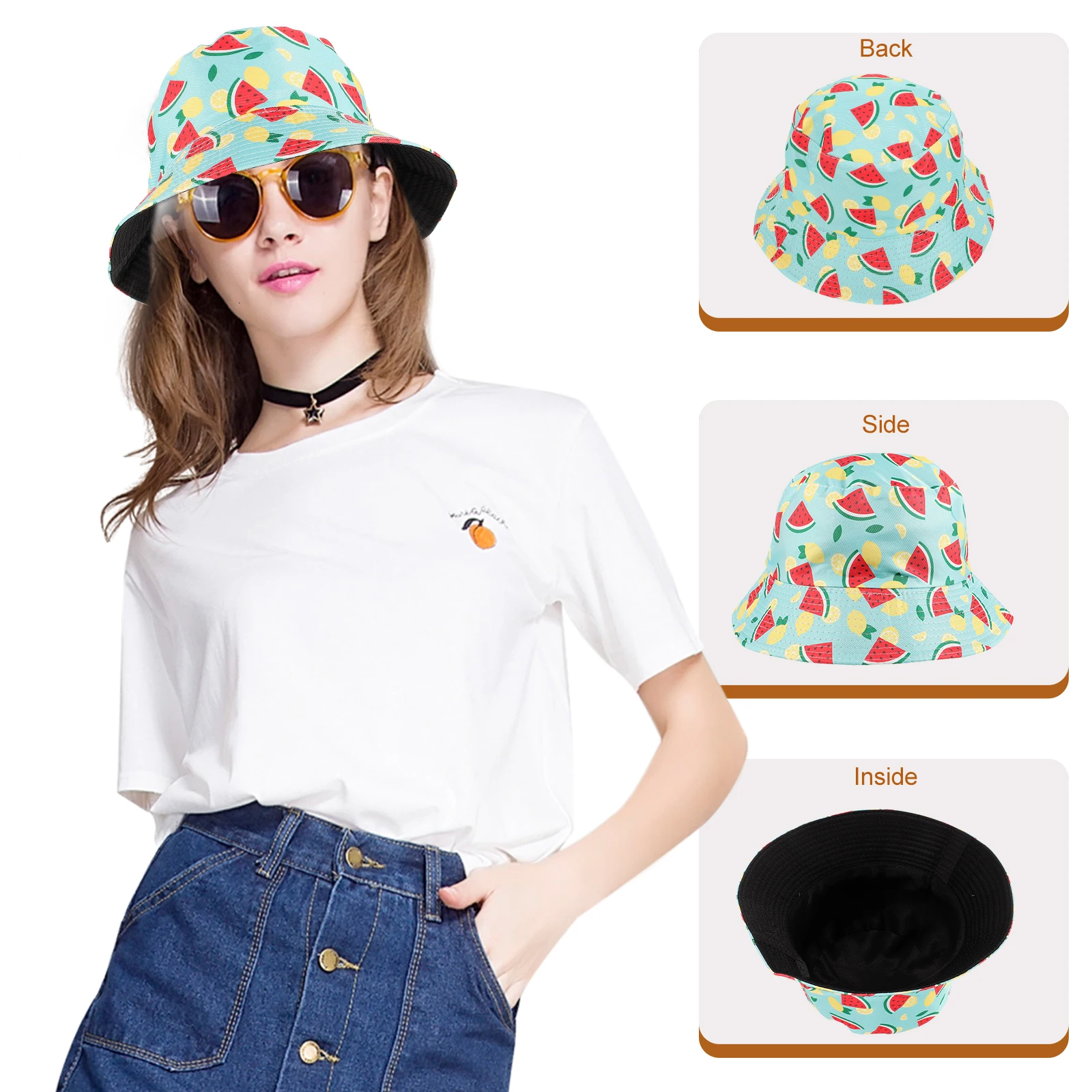 

Cute Watermelon Pattern Bucket Hat Double Sided Unisex Sun Hat For Women Men Teens Breathable Comfortable Large Size Travel
