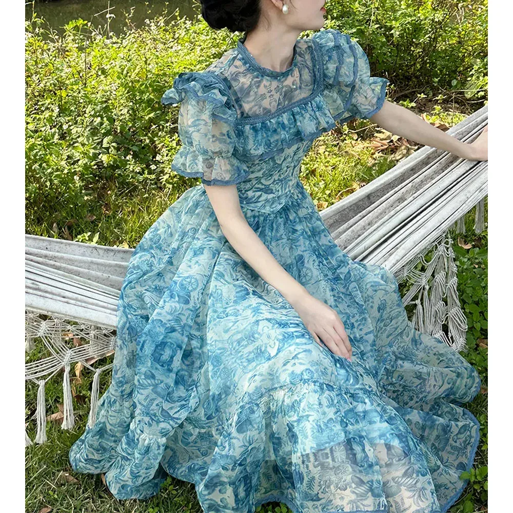 2023 Summer New French Vintage Dress Mesh Broken Flowers Ruffle Edge High Collar Puff Sleeve Waist Wrapped Princess Prom Dress