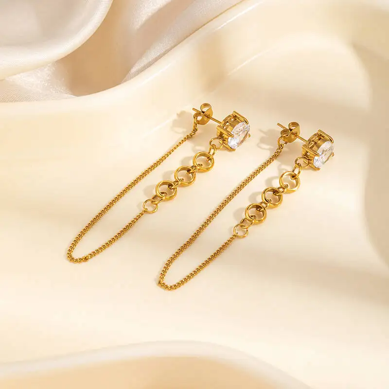 Zirconium chain tassel stainless steel stud earrings for women - Retro, luxurious, niche French fashion titanium steel earrings