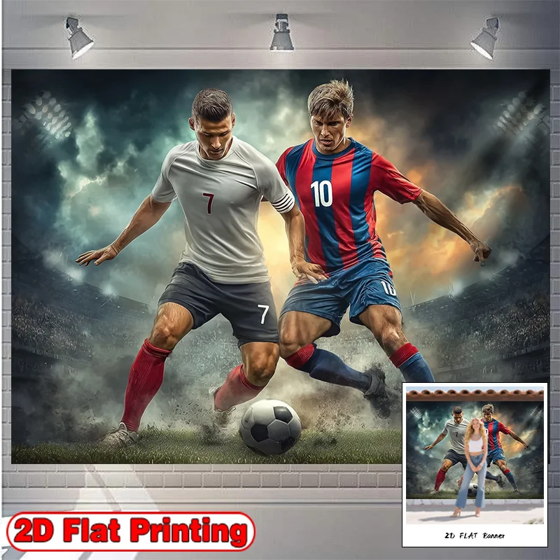 Epic Soccer Duel Tapestry, Football Players in No.7 & No.10 Jerseys Competing on the Field Print Wall Hanging for Teen Bedroom