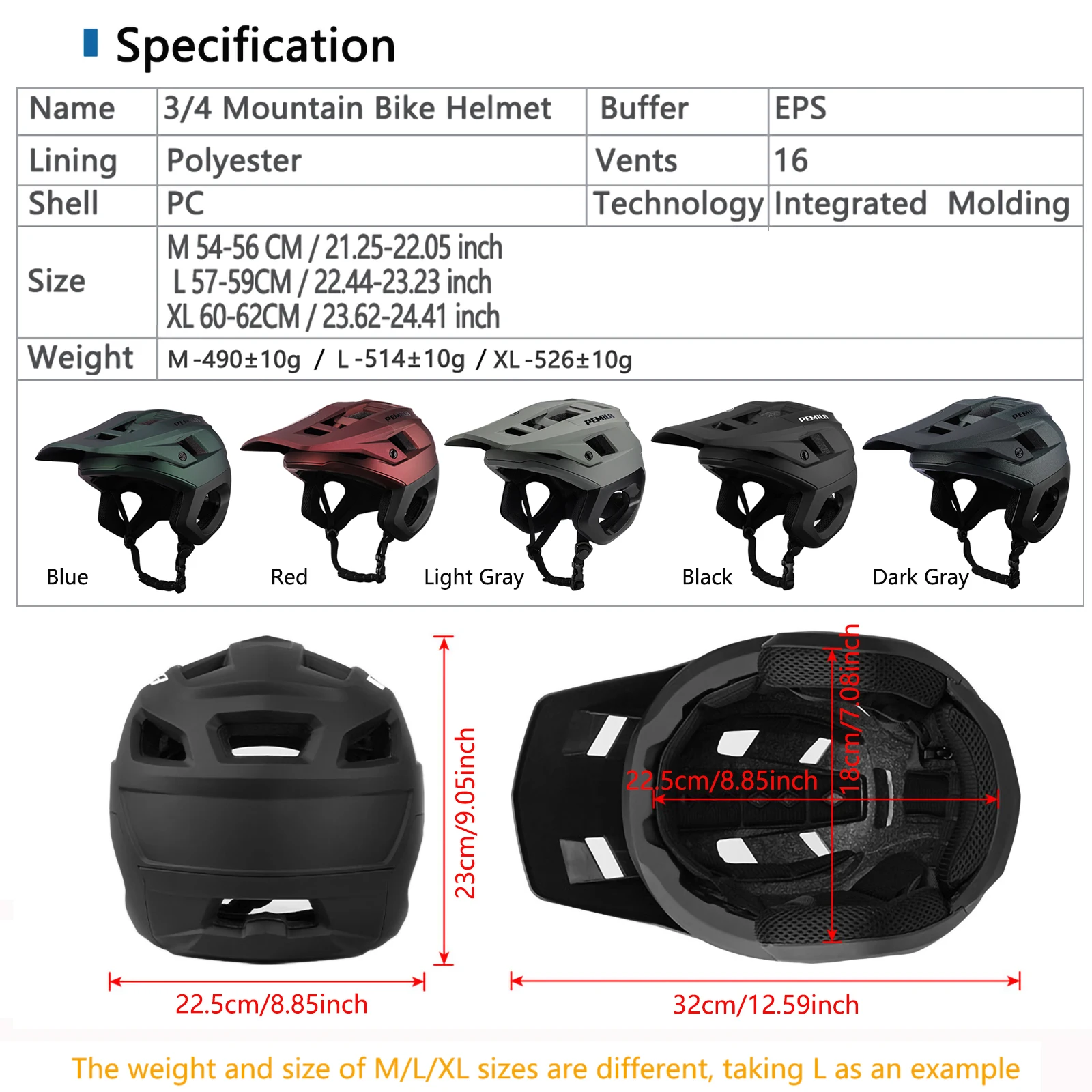 PEMILA NEW 3/4 Bike Helmet Half Helmet Mountain Bike Race Integrated Ear Protection Off Road Bicycle Helmet BMX Armor Matt Color