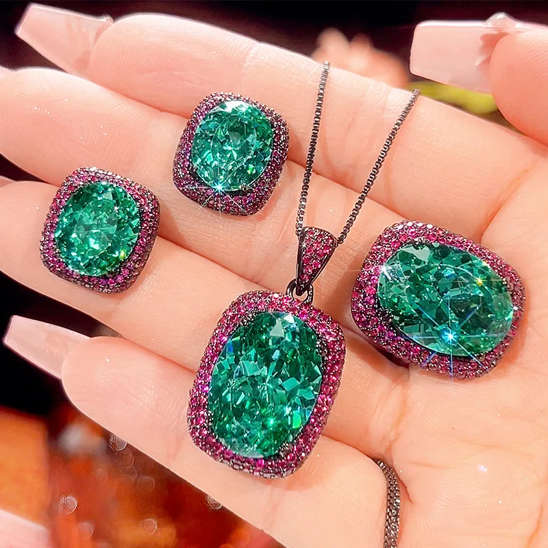 

Luxury Emerald Green Oval Gemstone Jewelry Adjustable Ring Necklace Earrings with Pink CZ Accents Vintage Jewelry for Women