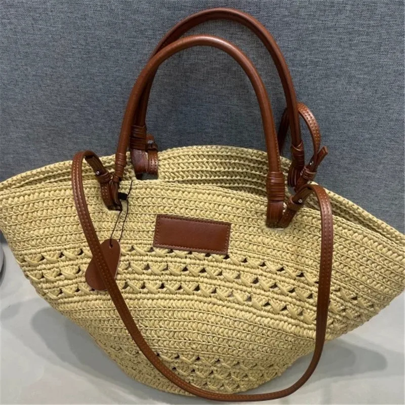Bolso de hombro de gran capacidad para mujer, bolso tejido de cuero auténtico de paja Lafite de verano, bolso de playa de diseñador de lujo a la moda para mujer