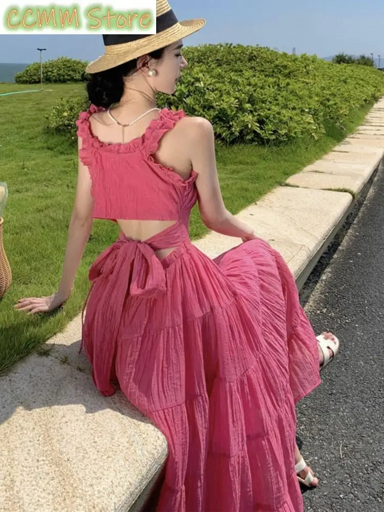 Vintage Bandage Holiday Beach Midi Dress Summer Pink Spaghetti Straps Backless Boho Vestidos Female Casual Fairy Clothes Mujer
