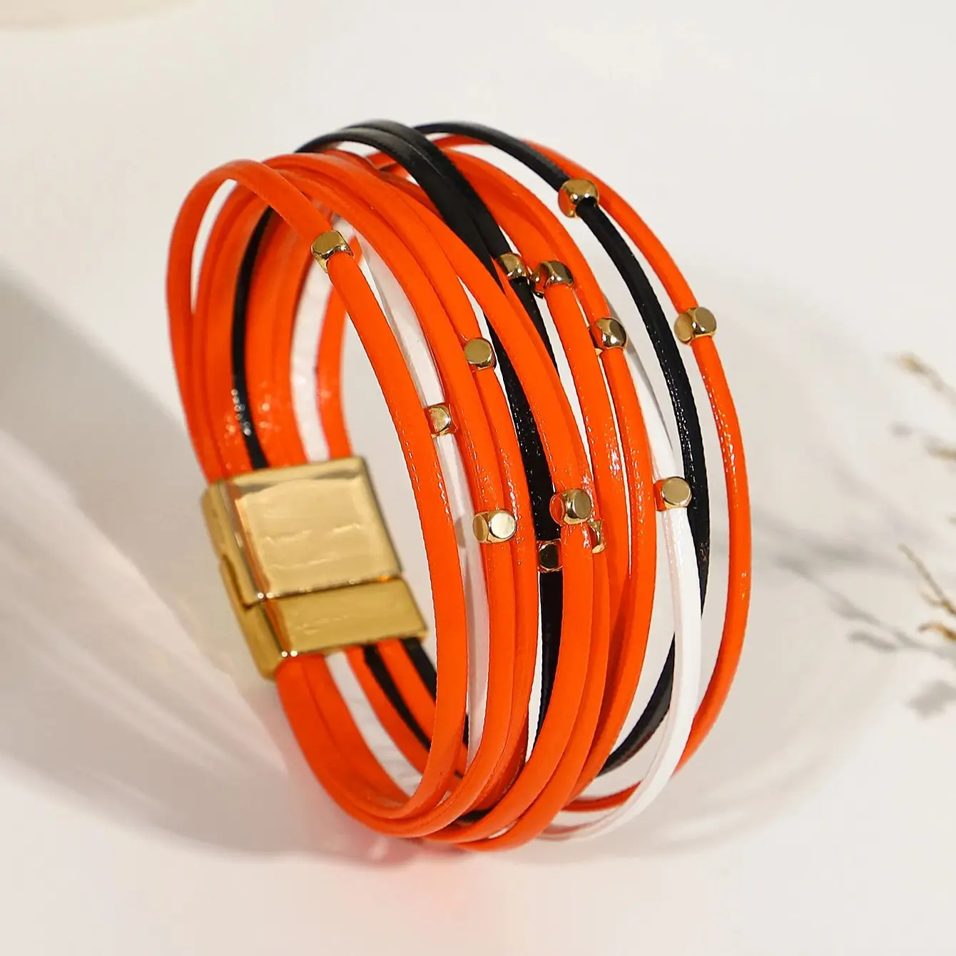 Amorcome Vintage Metal Beads Black Orange Leather Bracelet for Women Charm Slim Strips Bangles & Bracelets Female Party Jewelry