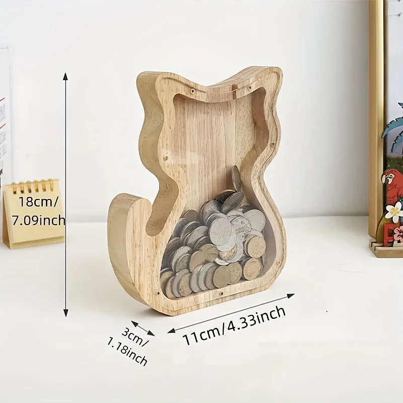 بنك عملات خشبي على شكل قطة مع غطاء زجاجي - هدية فريدة للعطلات وديكور المنزل