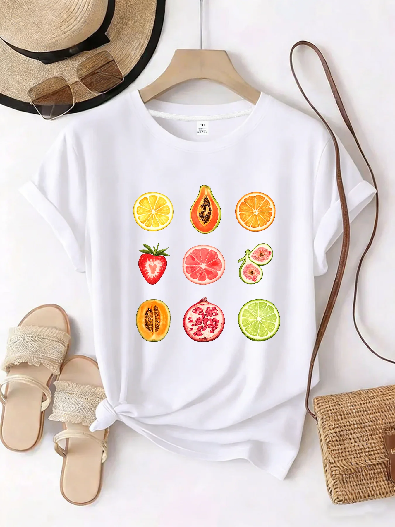 

【WZM101306】Женская футболка больших размеров с принтом фруктов, круглым вырезом, летняя, повседневная, с короткими рукавами, в уличном стиле, универсальная.