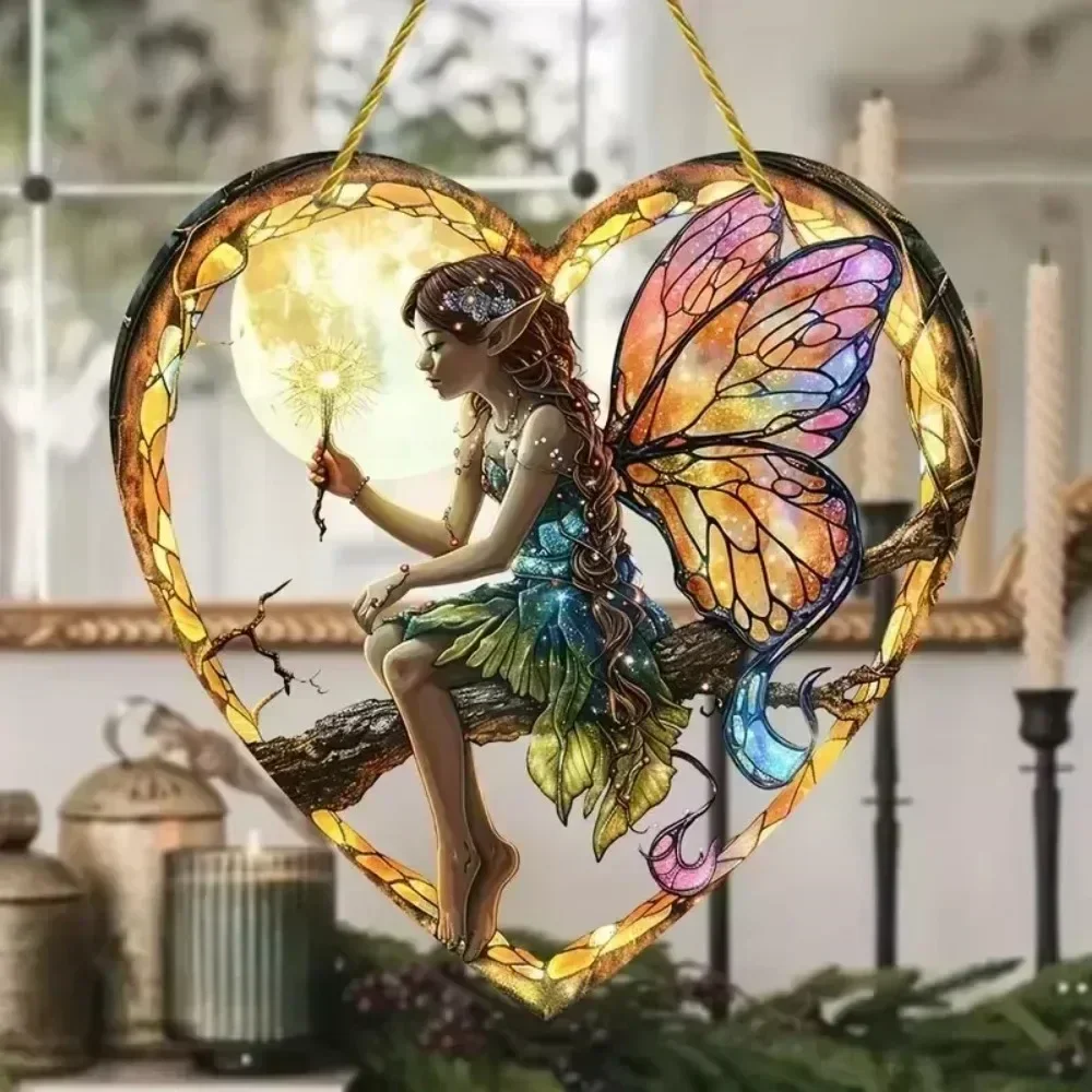 New 1pcs Magical Fairy Magic Night Fairy Suncatcher Stained Glass Acrylic Heart Wall Hanging Home and Garden Outdoor Decorative