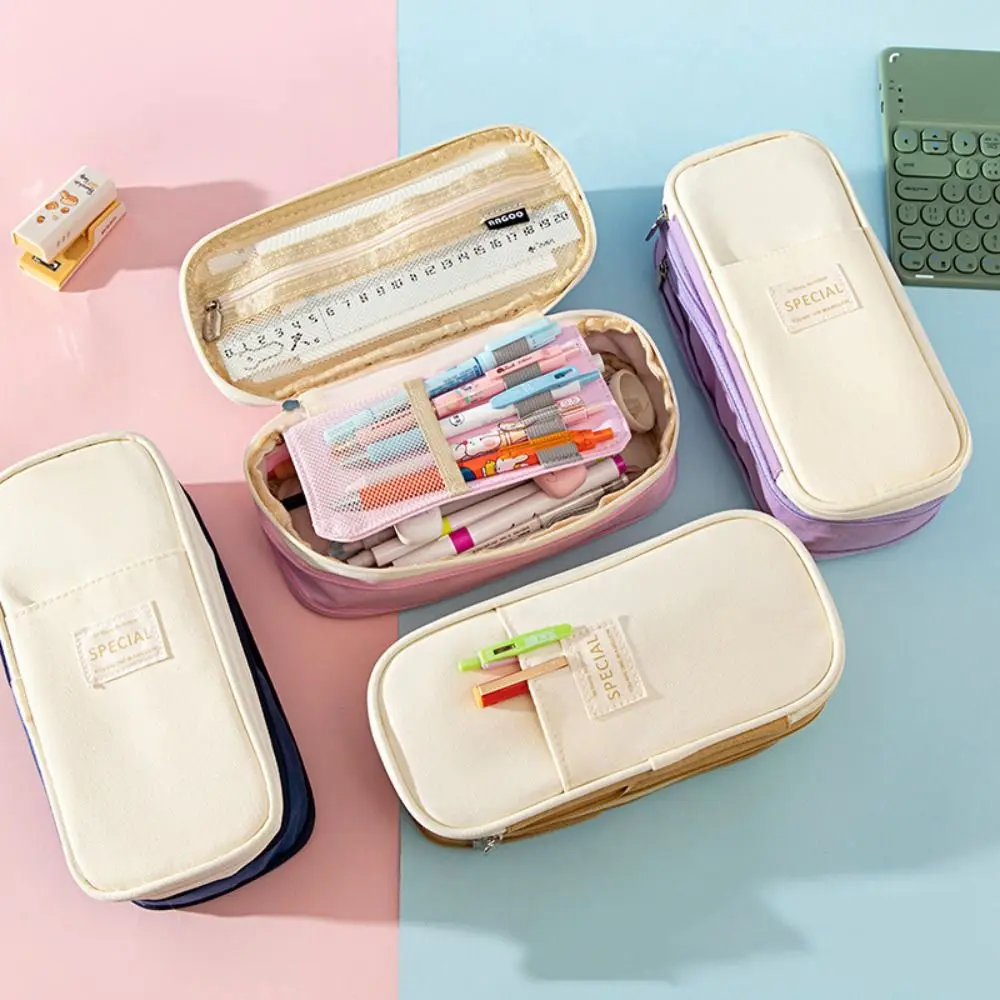 Polyester Simple Student Pen Bag Color Blocked Stretchable Storage Pencil Bag Large Capacity Multifunctional Macaron Pencil Case