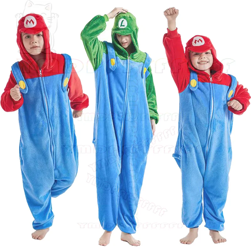 Anime Cartoon Tier Overall Super Mary Cosplay Overall Flanell Herbst und Winter Paar Home Kleidung Eltern-Kind-Nachthemd h