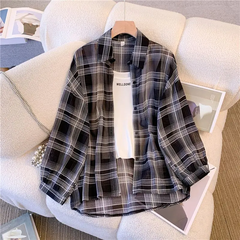 Ice Silk Plaid Loose Street Casual Cardigan Summer New Long Sleeve Polo Neck Vintage Shirt Tops Fashion Trend Women Clothing