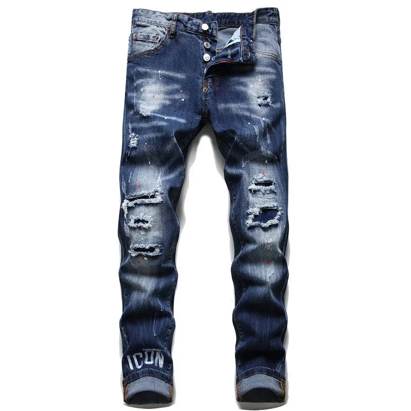 Jeans strappati moda uomo marca di alta qualità Dsq2 uomo Slim Fit moda piede piccolo pantaloni blu Jeans Skinny elasticizzati maschili 54