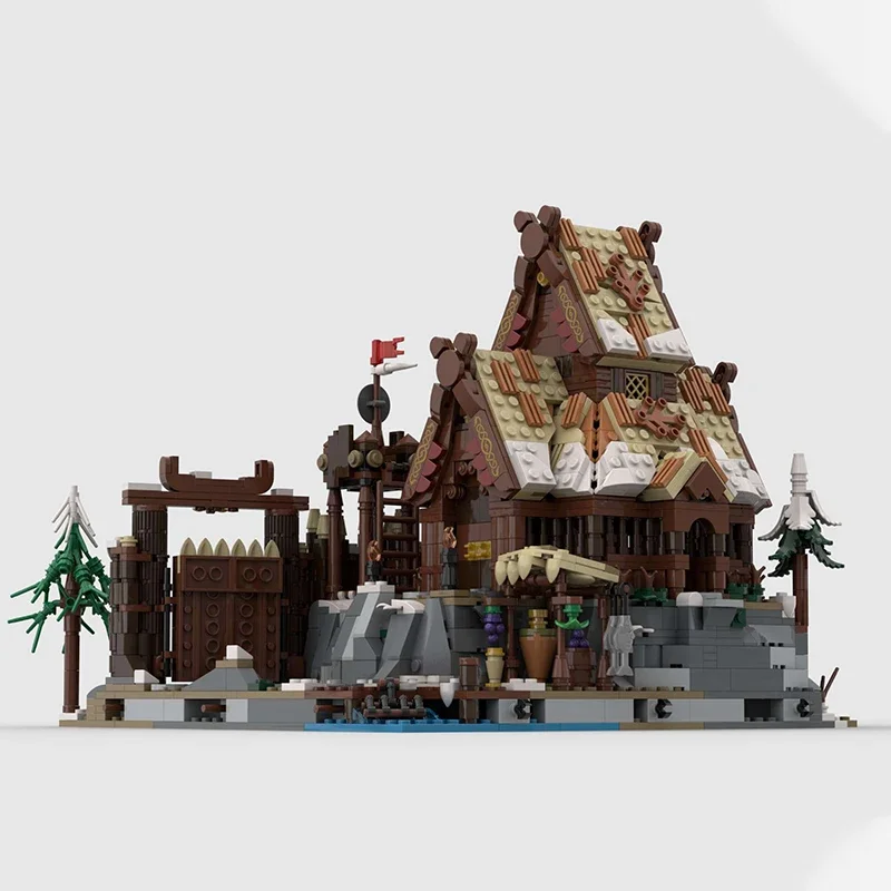 Street View Model MOC Building Bricks, Medieval Viking Village House, Modular Technology Gifts, Holiday Assemble Toys Suit para niños