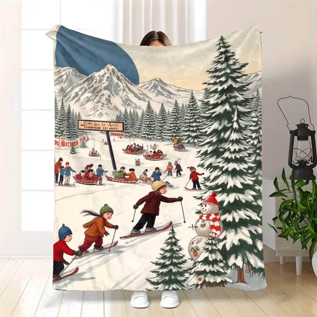 Cozy Vintage Ski Slope Blanket Throw Christmas Winter Snow Mountain Scene Fleece Decorative Throw for Sofa Living Room