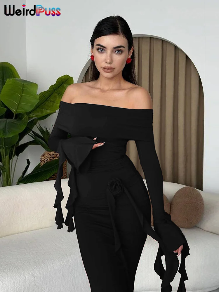 Weird Puss Elegant Tassel Dress Women Lapel Slash Neck Backless Solid Flared Sleeve Simple Casual Fashion Stretch Long Bodycon