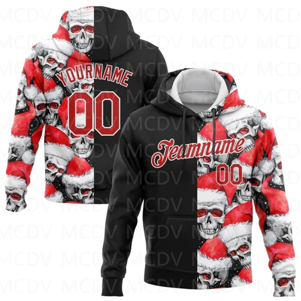 Red Black-White 3D Skulls And Christmas Santa's Hat Sports Pullover Sweatshirt 3D Printed Hoodies Unisex Casual Street Tracksuit