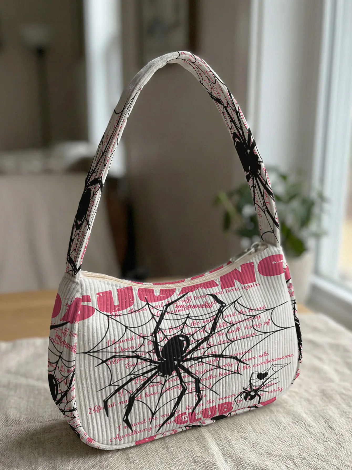 Trendy Spider Print Shoulder Bag, Beige Corduroy Underarm Bag for Daily Casual Use