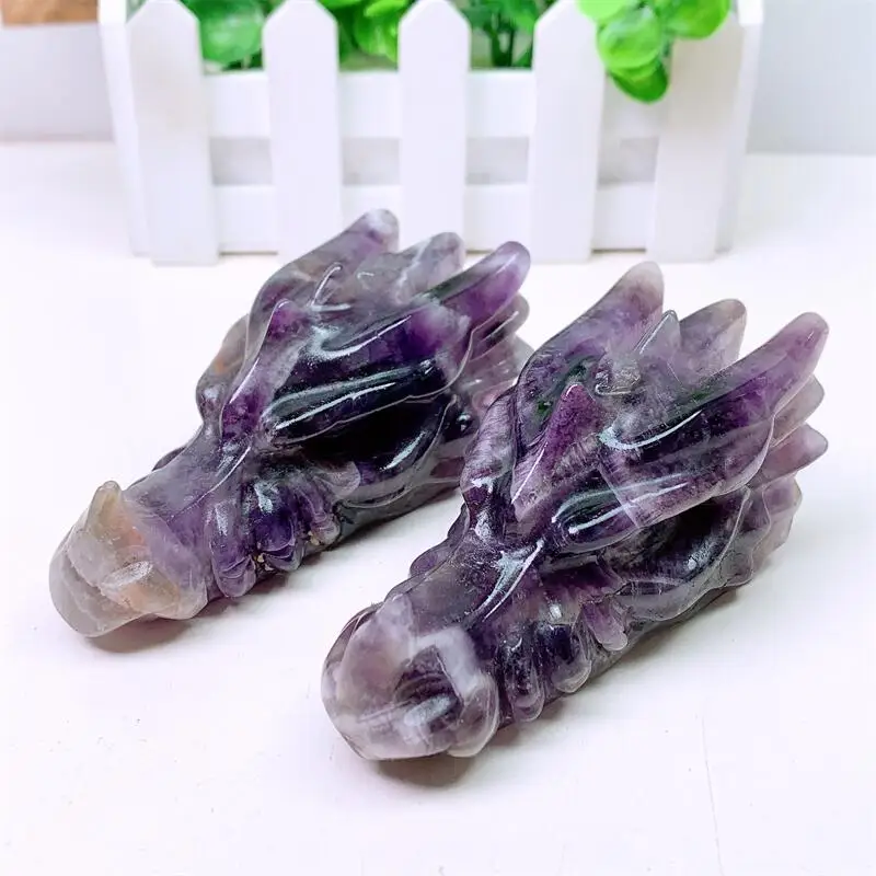 Natural Drean Amethyst Dragon Skull Healing Reiki Quartz Figurine Carved Energy Gemstone Crafts Fashion Home Decoration