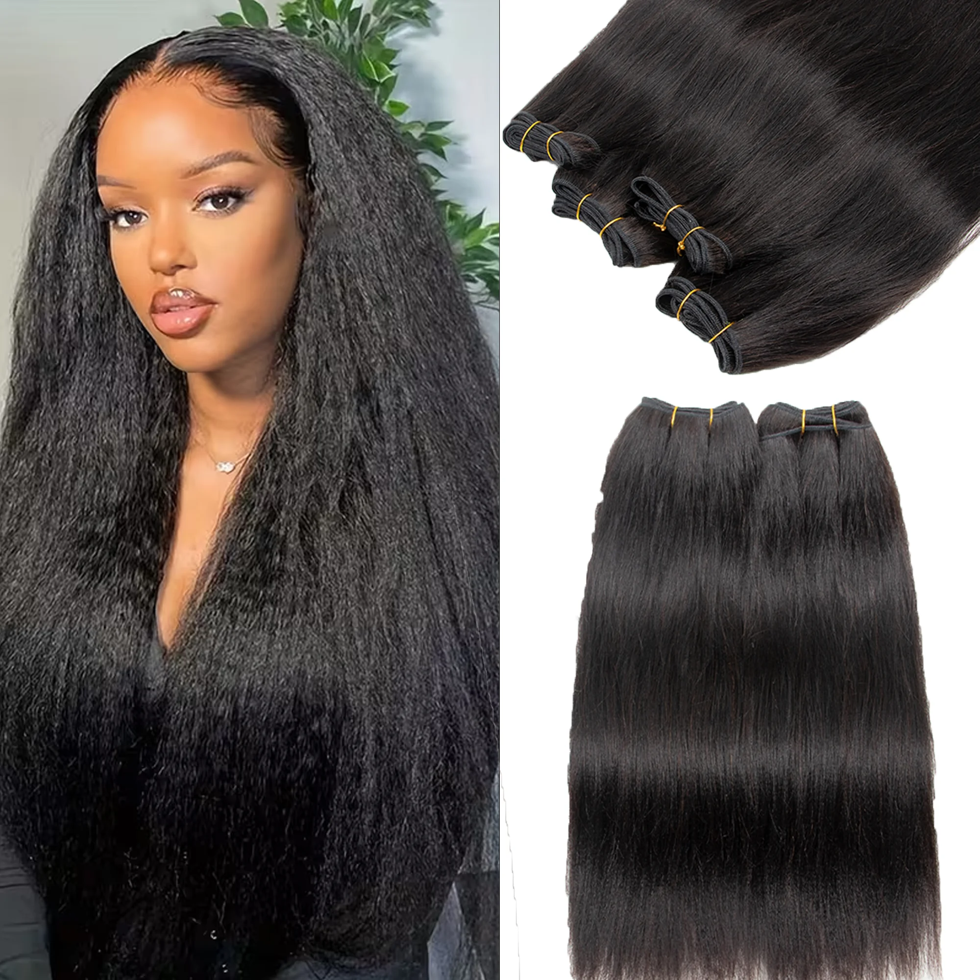 Yaki Straight Bundle Human Hair Kinky Straight Bundles Human Hair Sew-in Hair Bundles Remy Double Weft Bouncy 12-24inch 100G