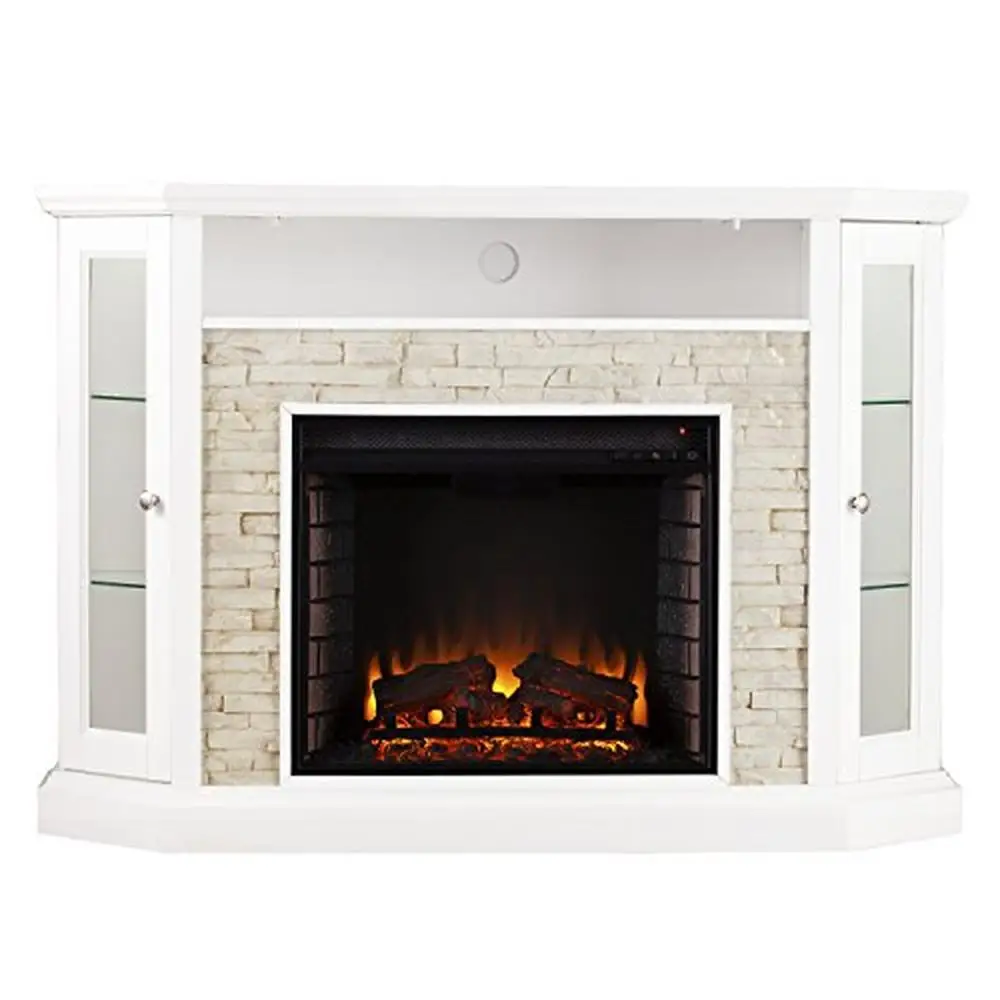 Corner Fireplace TV Stand with LED Flames Media Storage Remote Control Fresh White Wood Finish