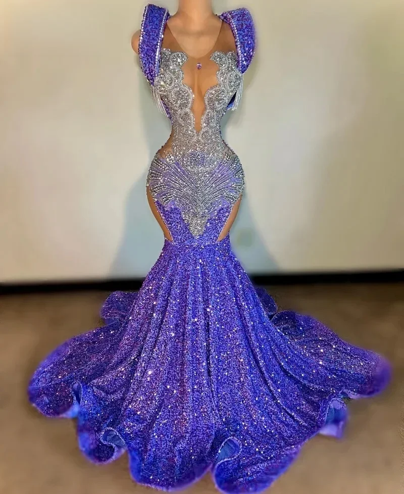 

Luxury Long Prom Dresses For Black Girls Sheer Sequins Beaded American African Evening Gowns Birthday Party Robe Customized