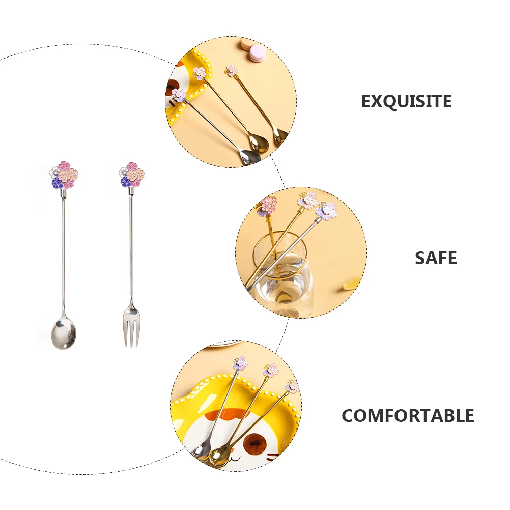 

2 Pcs Cherry Blossom Spoon Stainless Steel Fork Tableware Dessert Fruit Creative Wear Resistant Anti Rust Safe Lovely Decorative