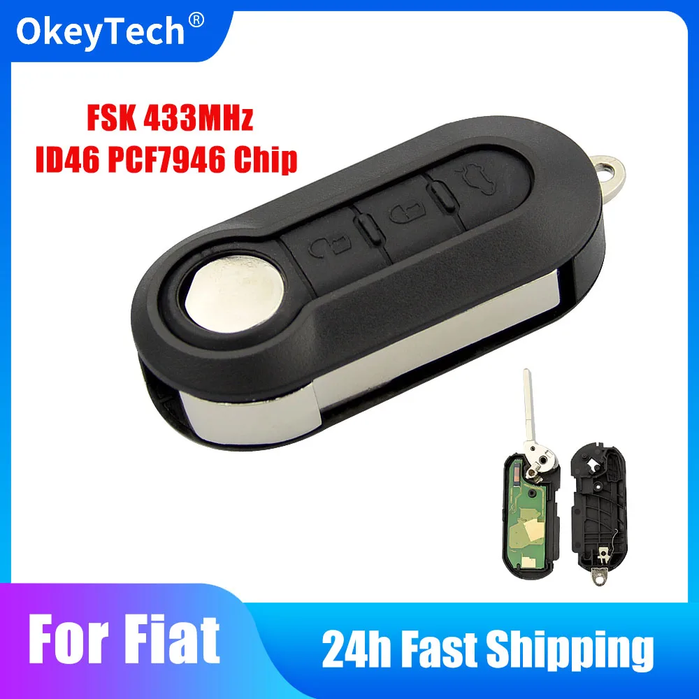 

OkeyTech Car Remote Key Fob FSK 433MHz ID46 PCF7946 Chip For Fiat 500 Grande Punto 2010-2017 3 Buttons