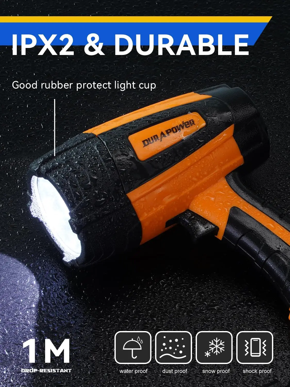 كشاف LED قابل لإعادة الشحن بقوة 500 لومن، مصباح يدوي مقاوم للماء IPX2 للاستخدام الداخلي والخارجي - برتقالي
