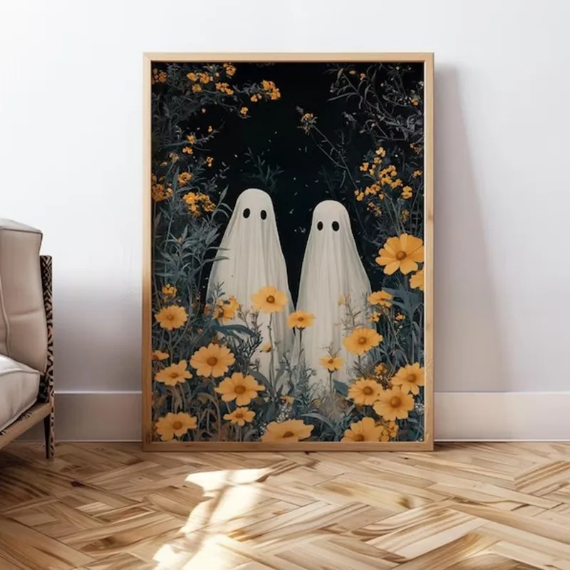 

Halloween Wall Art Pictures Floral Bohoo Ghost Witch Skull Vintage Art Canvas Posters Print Canvas Paintings for Home Decor
