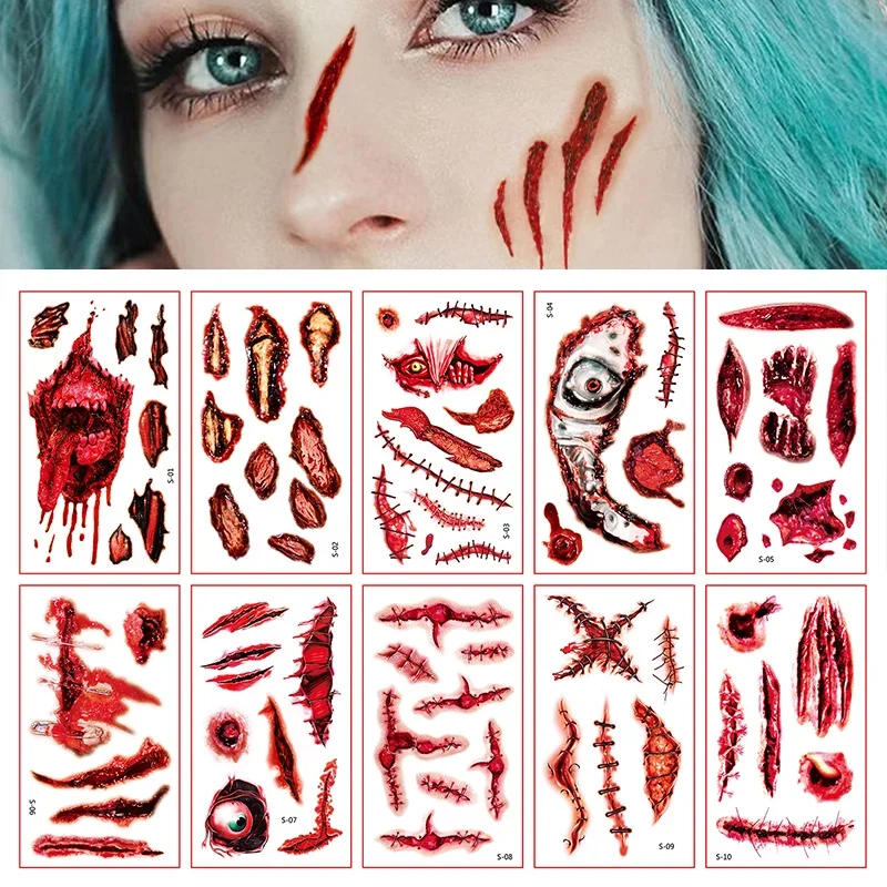 10pcs/lot Waterproof Tattoo Party Favor Scar Bloody Horrible Halloween Play Tricks Fake Tattoos Stickers for Women Men Face Hand