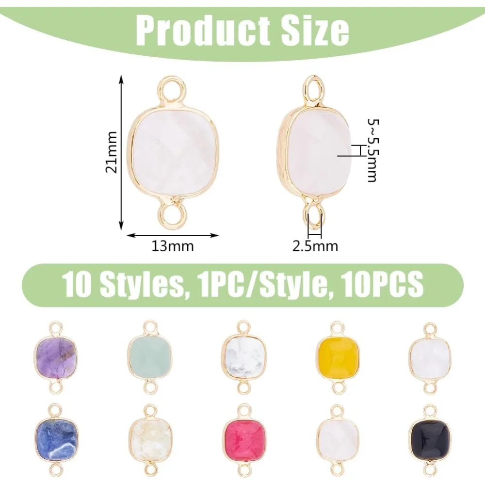 10 Colors Gemstone Connector Charms 10PCS Crystal Double Holes Pendants Faceted Square Link Charms Pendants with Two Loops