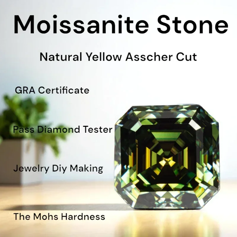 

New Asscher Cut Moissanite Stone Natural Yellow Green With Certificate Pass s Tester Gemstones For Jewelry Making