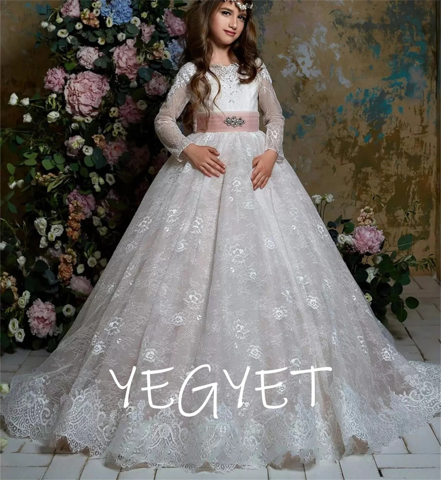 

Flower Girl Dresses for Weddings 2023 Ball Gown Communion Soft Lace Dress with Long Sleeves Toddler Formal Party Gowns Kids