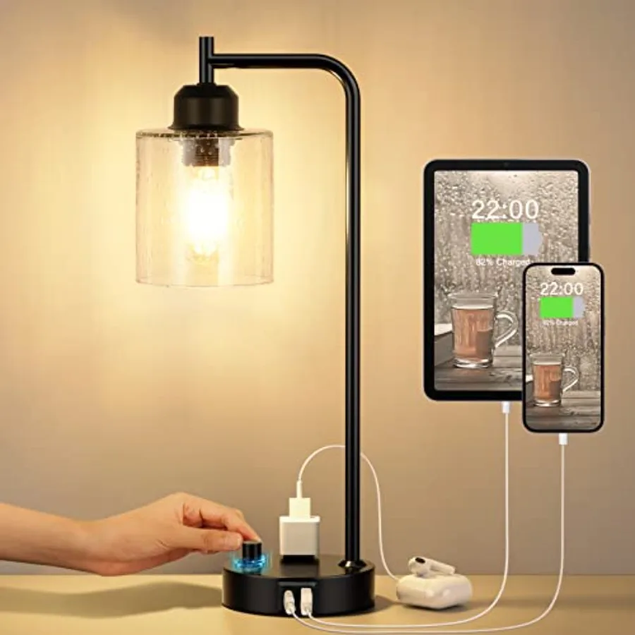 Industrial Bedside Table Lamp for Bedroom - Nightstand Lamps with USB C Charging Port, Fully Dimmable Black Ports and Outlets,